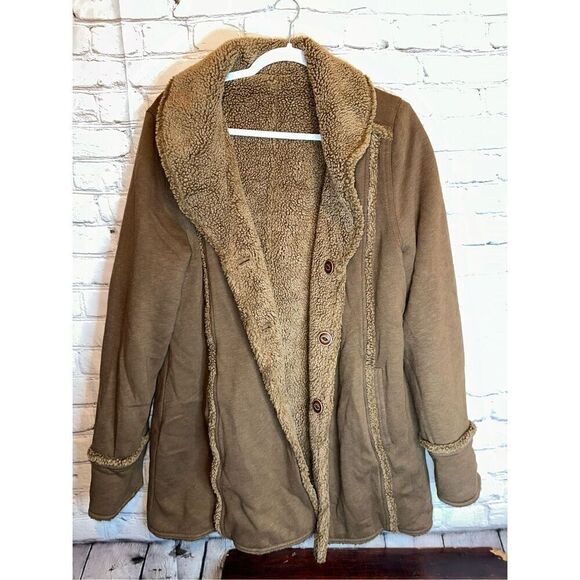 EDDIE BAUER SHERPA FAUX SHEARLING REVERSIBLE COAT SOFT BROWN TRENCH SOFT LARGE - Picture 1 of 12